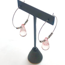 Load image into Gallery viewer, Pink Faceted Briolette on Gun Metal Hoop Earrings *
