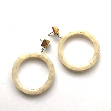 Load image into Gallery viewer, White Speckled with Brass Nailhead Donut Drop Earrings