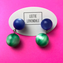 Load image into Gallery viewer, Blue &amp; Green Starburst Moonglow Lollipop Drop Earrings