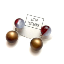 Load image into Gallery viewer, Ruby and Grey Harlequin with Coffee Moonglow Lollipop Drop Earrings