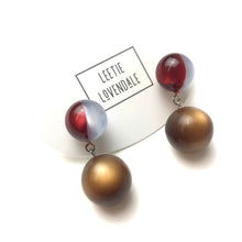 Load image into Gallery viewer, Ruby and Grey Harlequin with Coffee Moonglow Lollipop Drop Earrings