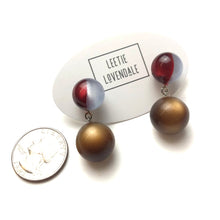 Load image into Gallery viewer, Ruby and Grey Harlequin with Coffee Moonglow Lollipop Drop Earrings