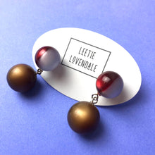 Load image into Gallery viewer, Ruby and Grey Harlequin with Coffee Moonglow Lollipop Drop Earrings