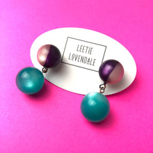 Load image into Gallery viewer, Purple &amp; Pink Harlequin with Teal Moonglow Lollipop Drop Earrings