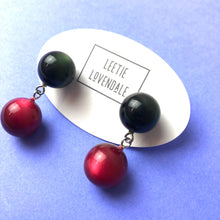 Load image into Gallery viewer, Forest Green and Ruby Monnglow Lollipop Drop Earrings