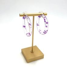 Load image into Gallery viewer, Purple &amp; Clear Confetti Hoop Earrings - 1.75"