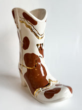 Load image into Gallery viewer, Monogrammed Cow Print Cowboy Boot Vase