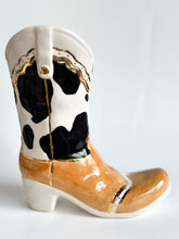 Load image into Gallery viewer, Two Tone Cow Print Cowboy Boot Vase