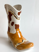 Load image into Gallery viewer, Two Tone Cow Print Cowboy Boot Vase