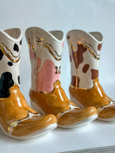 Load image into Gallery viewer, Two Tone Cow Print Cowboy Boot Vase