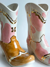 Load image into Gallery viewer, Monogrammed Two Tone Cow Print Cowboy Boot Vase
