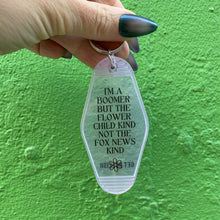 Load image into Gallery viewer, I’m a Boomer But Not the Fox News Kind Motel Style Keychain in Translucent Pink