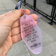 Load image into Gallery viewer, I’m a Boomer But Not the Fox News Kind Motel Style Keychain in Translucent Pink