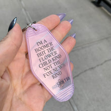 Load image into Gallery viewer, I’m a Boomer But Not the Fox News Kind Motel Style Keychain in Translucent Pink