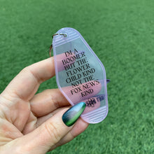 Load image into Gallery viewer, I’m a Boomer But Not the Fox News Kind Motel Style Keychain in Translucent Pink