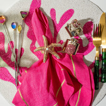 Load image into Gallery viewer, Gold trim linen dinner napkins, bright pink, set of two