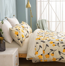Load image into Gallery viewer, DaDa Bedding Yellow Fleur Golden Orange Botanical Ivory Duvet Cover &amp; Fitted Flat Bed Sheets Set w/ Pillow Cases Window Valances (18112)