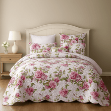 Load image into Gallery viewer, DaDa Bedding Romantic Roses Lovely Spring Pink Floral Quilted Scalloped Bedspread Set (JHW879)