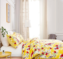 Load image into Gallery viewer, DaDa Bedding Sunshine Yellow Hummingbirds Floral Duvet Cover &amp; Fitted Flat Bed Sheets Set w/ Pillow Cases Window Valances (925)