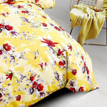 Load image into Gallery viewer, DaDa Bedding Sunshine Yellow Hummingbirds Floral Duvet Cover &amp; Fitted Flat Bed Sheets Set w/ Pillow Cases Window Valances (925)