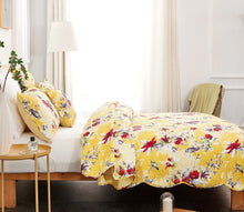 Load image into Gallery viewer, DaDa Bedding Radiant Sunshine Yellow Hummingbirds Floral Scalloped Bedspread Set (JHW-925)