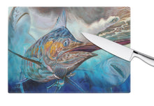 Load image into Gallery viewer, Running The Guantlet Blue Marlin Glass Cutting Boards – Durable, Decorative Kitchen Art Large JMA2000LCB