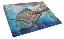 Load image into Gallery viewer, Running The Guantlet Blue Marlin Glass Cutting Boards – Durable, Decorative Kitchen Art Large JMA2000LCB
