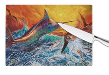 Load image into Gallery viewer, Reflective Chaos Blue Marlin Glass Cutting Boards – Durable, Decorative Kitchen Art Large JMA2012LCB