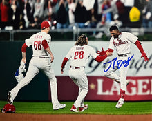 Load image into Gallery viewer, Johan Rojas 2023 Wild Card Clinch Philadelphia Phillies Autographed 8" x 10" Baseball Photo