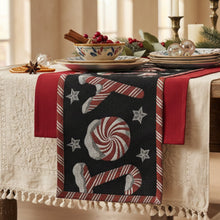 Load image into Gallery viewer, DaDa Bedding Peppermint Joy Red Black Holiday Tapestry Dining Table Runner (12904)