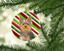 Load image into Gallery viewer, Candy Cane Holiday Christmas Yorkie / Yorkshire Terrier Ornament - Round Ceramic Ornament – Artist-Designed Keepsake Decoration KJ1170CO1