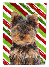 Load image into Gallery viewer, Candy Cane Holiday Christmas Yorkie Puppy / Yorkshire Terrier Flag Canvas House Size KJ1174CHF