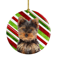 Load image into Gallery viewer, Candy Cane Holiday Christmas Yorkie Puppy / Yorkshire Terrier Ornament - Round Ceramic Ornament – Artist-Designed Keepsake Decoration KJ1174CO1