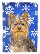Load image into Gallery viewer, Winter Snowflakes Holiday Yorkie / Yorkshire Terrier Flag Canvas House Size KJ1177CHF