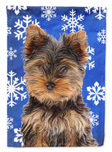 Load image into Gallery viewer, Winter Snowflakes Holiday Yorkie Puppy / Yorkshire Terrier Flag Canvas House Size KJ1181CHF