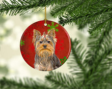 Load image into Gallery viewer, Red Snowflakes Holiday Christmas  Yorkie / Yorkshire Terrier Ornament - Round Ceramic Ornament – Artist-Designed Keepsake Decoration KJ1184CO1