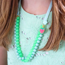 Load image into Gallery viewer, Kids Melody Strawberry Charm Beaded Ribbon Children's Necklace in Aqua and Green Beads | Kids Fashion Beads Jewelry