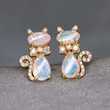 Load image into Gallery viewer, Kitten Cat Australian Opal Diamond Stud Earrings 14K Gold