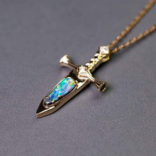 Load image into Gallery viewer, Knight Sword - Boulder Opal &amp; Princess Cut Diamond Necklace 18K Yellow Gold