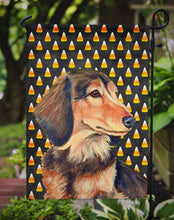 Load image into Gallery viewer, Dachshund Candy Corn Halloween Portrait Garden Flag – Decorative Outdoor Yard Flag