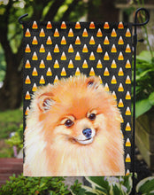 Load image into Gallery viewer, Pomeranian Candy Corn Halloween Portrait Garden Flag – Decorative Outdoor Yard Flag