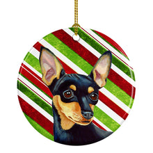 Load image into Gallery viewer, Min Pin Candy Cane Holiday Christmas Ornament - Round Ceramic Ornament – Artist-Designed Keepsake Decoration LH9245