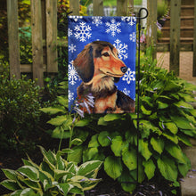 Load image into Gallery viewer, Dachshund Winter Snowflakes Holiday Garden Flag – Decorative Outdoor Yard Flag