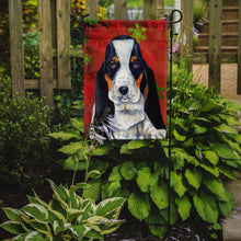 Load image into Gallery viewer, Basset Hound Red and Green Snowflakes Holiday Christmas Garden Flag – Decorative Outdoor Yard Flag