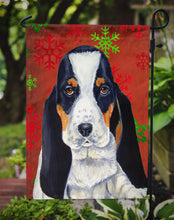 Load image into Gallery viewer, Basset Hound Red and Green Snowflakes Holiday Christmas Garden Flag – Decorative Outdoor Yard Flag