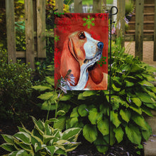 Load image into Gallery viewer, Basset Hound Red and Green Snowflakes Holiday Christmas Garden Flag – Decorative Outdoor Yard Flag