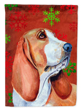 Load image into Gallery viewer, Basset Hound Red and Green Snowflakes Holiday Christmas Garden Flag – Decorative Outdoor Yard Flag