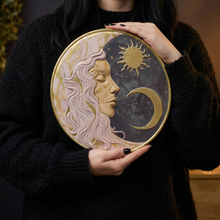 Load image into Gallery viewer, Lady Moon Wall Decor | Celestial Metal Wall Art | Gold Accent Moon Sign