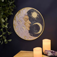 Load image into Gallery viewer, Lady Moon Wall Decor | Celestial Metal Wall Art | Gold Accent Moon Sign