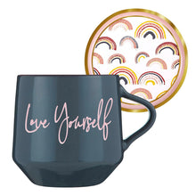Load image into Gallery viewer, Love Yourself Mug &amp; Coaster Lid with Rainbow Design
